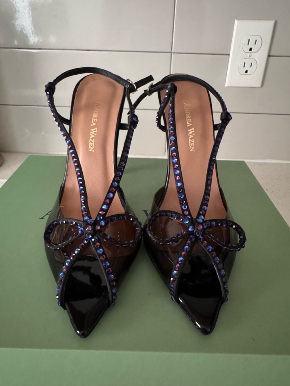Saks Fifth Avenue Black Patent Jeweled Strappy Pumps